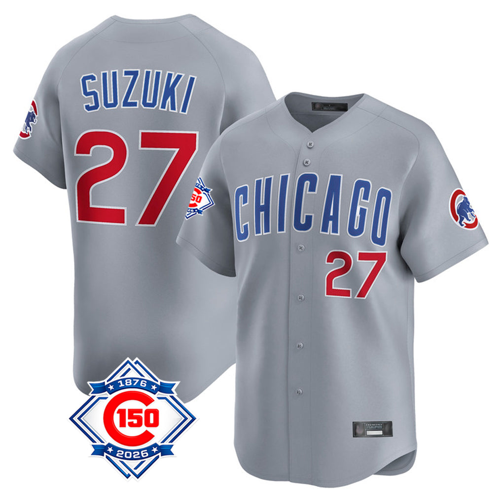 Chicago Cubs #27 Seiya Suzuki Player Gray BFRAILEY Road 150th Anniversary Limited Home Stitched Jerseys