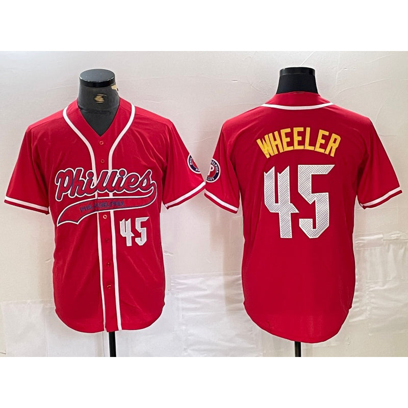 Philadelphia Phillies #45 Zack Wheeler Number Red BFRAILEY Cool Base Stitched Jersey 2