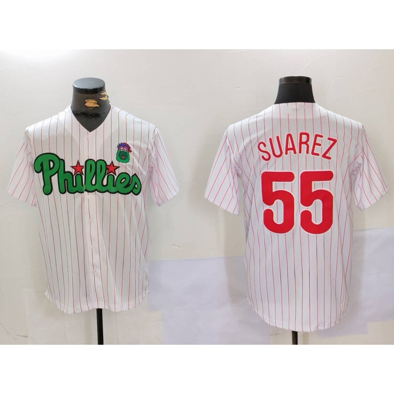 Philadelphia Phillies #55 Ranger Su¨¢rez White Green BFRAILEY Cool Base Stitched Jersey 2