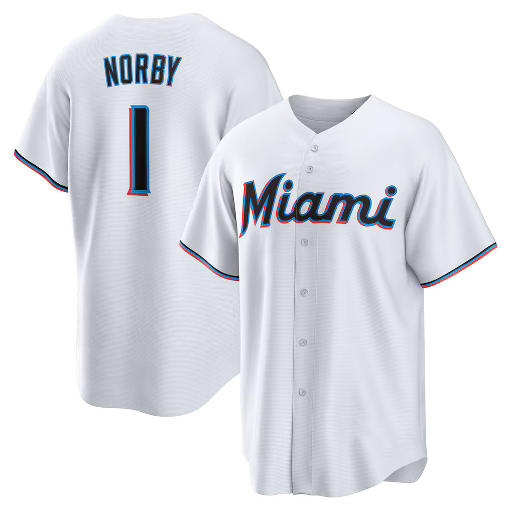 Miami Marlins #1 Connor Norby White BFRAILEY Home Replica Jersey