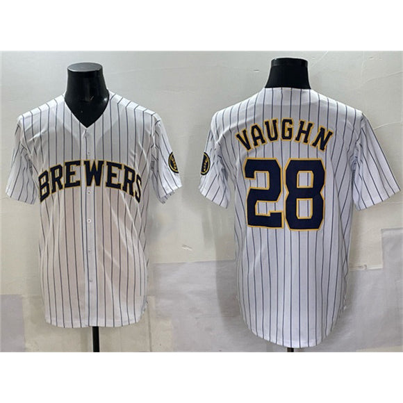 Milwaukee Brewers #28 Andrew Vaughn White BFRAILEY Pinstripe 2025 With Patch Stitched Jersey