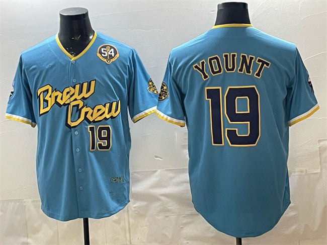Milwaukee Brewers #19 Robin Yount Powder Blue BFRAILEY City Connect With Home & Bob Uecker Patch Limited Stitched Jersey