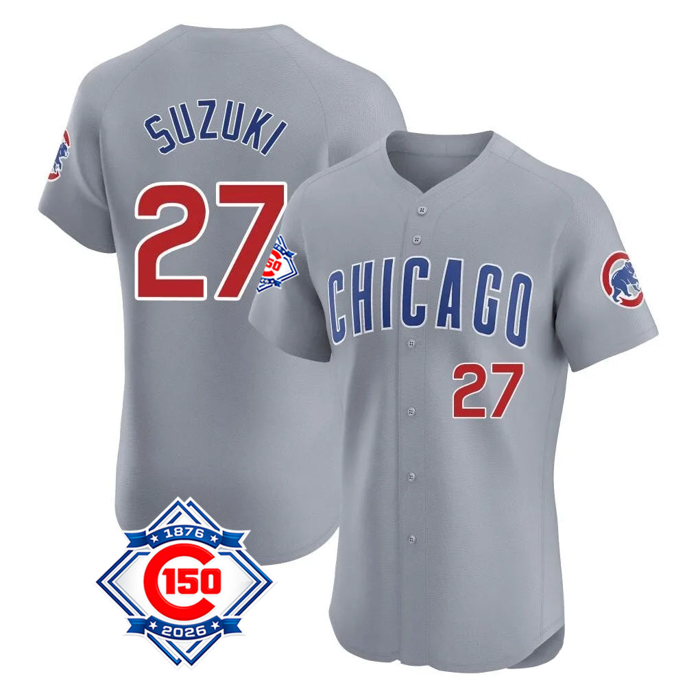 Chicago Cubs #27 Seiya Suzuki Player Gray BFRAILEY Road 150th Anniversary Limited Elite Home Stitched Jerseys