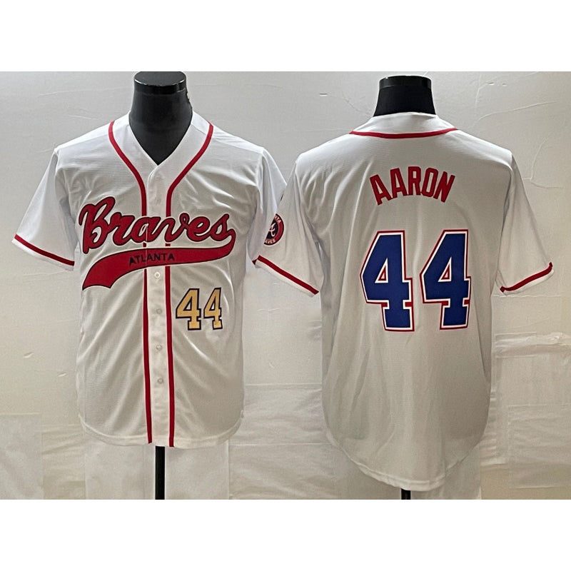 Atlanta Braves #44 Hank Aaron Number White BFRAILEY Cool Base With Patch Stitched Jersey
