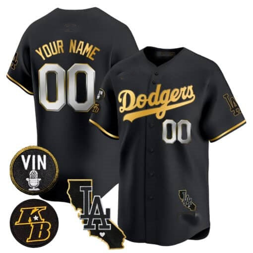 Custom Los Angeles Dodgers Vin Patch & Kobe Bryant Gold Trim Vapor Premier Limited Jersey V2 ¨C All Stitched-Black BFRAILEY