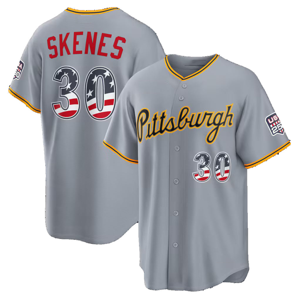 Pittsburgh Pirates #30 Paul Skenes USA 250 Fourth of July Road Stadium Jersey - Gray BFRAILEY
