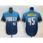 Philadelphia Phillies #45 Zack Wheeler Blue BFRAILEY 2024 City Player Number Cool Base Stitched Jersey 2