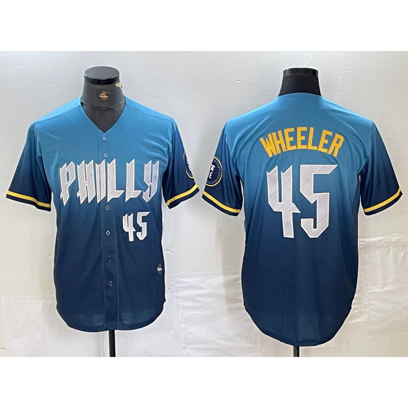 Philadelphia Phillies #45 Zack Wheeler Blue BFRAILEY 2024 City Player Number Cool Base Stitched Jersey 2