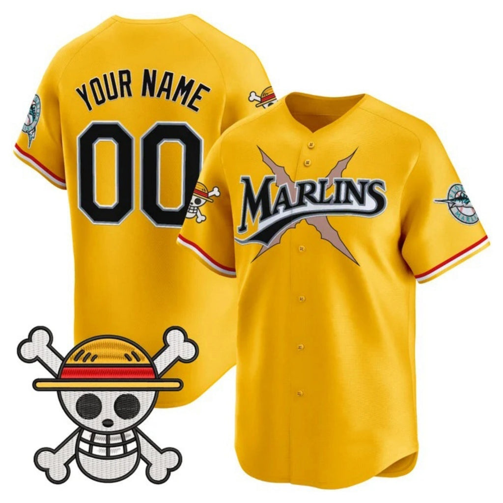 Custom Miami Marlins x One Piece Gold BFRAILEY Vapor Premier Limited Jersey - Stitched