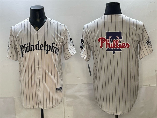 Philadelphia Phillies Team Big Logo Cream BFRAILEY Pinstripe Gothic Vapor Limited Stitched Jersey