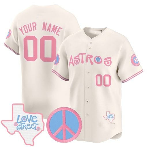 Custom Houston Astros  Love Street & Peace Sign Patch Bubblegum Pink Vapor Premier Limited Jersey ¨C All Stitched-Cream BFRAILEY