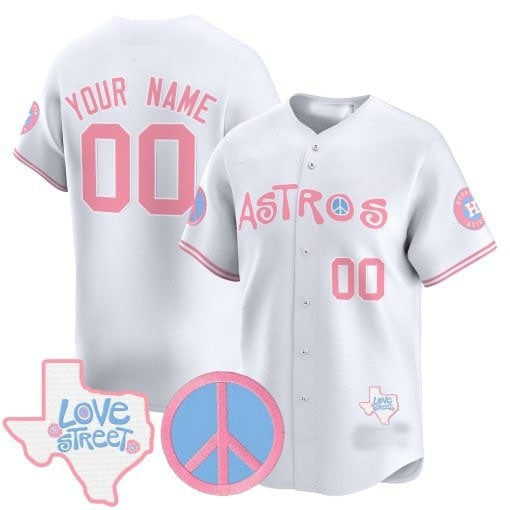 Custom Houston Astros  Love Street & Peace Sign Patch Bubblegum Pink Vapor Premier Limited Jersey ¨C White BFRAILEY