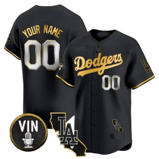 Custom Los Angeles Dodgers Vin & California Patch Gold Trim Vapor Premier Limited Jersey ¨C All Stitched-Black BFRAILEY