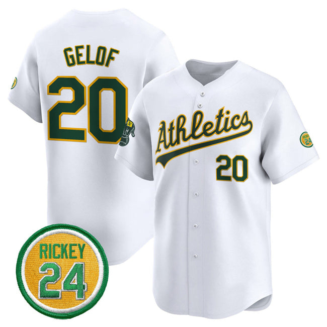 Oakland Athletics #20 Zack Gelof White BFRAILEY 2024 Home Limited With Rickey Henderson Patch Stitched Jersey