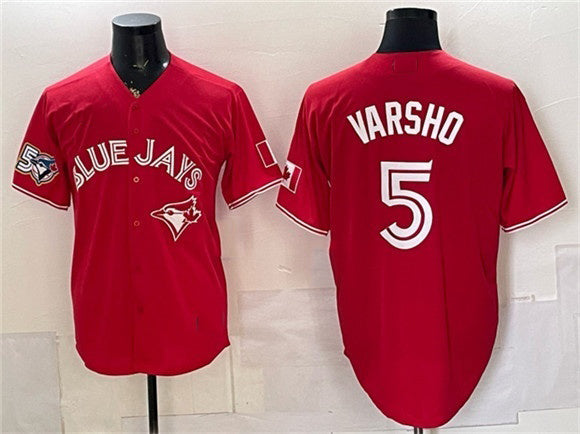 Toronto Blue Jays #5 Daulton Varsho Red BFRAILEY 50 Seasons Patch Stitched Jersey