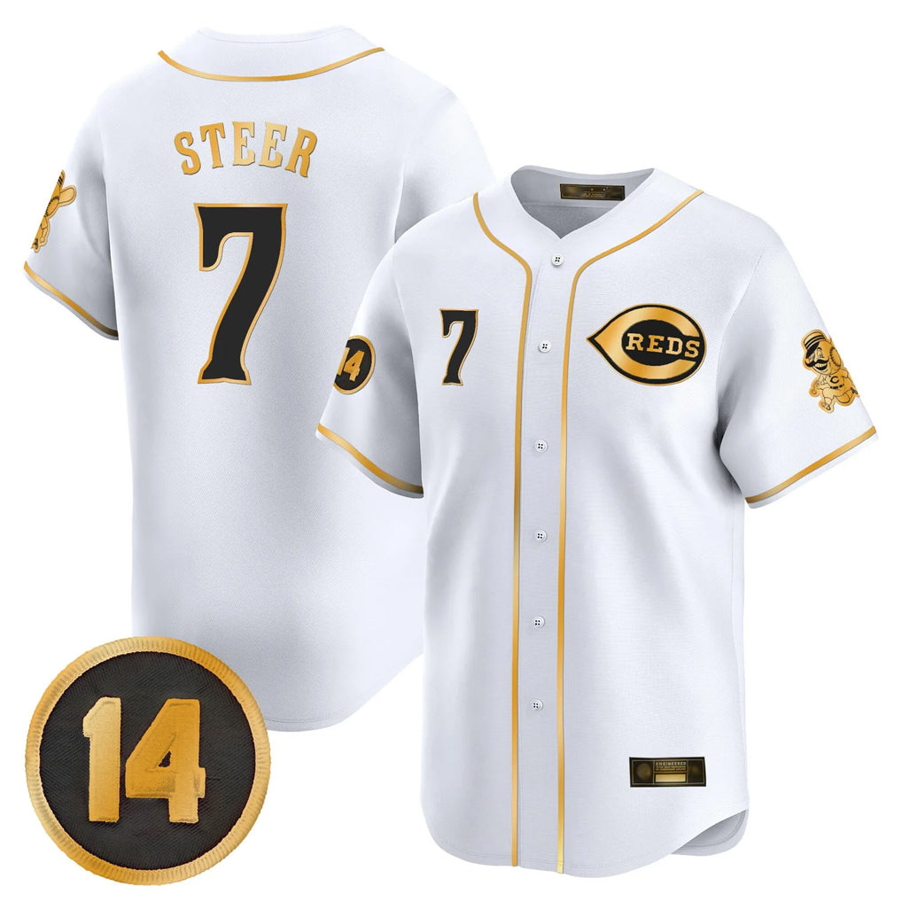 Cincinnati Reds #7 Spencer Steer Player White-Gold BFRAILEY Vapor Premier Limited Home Stitched Jerseys