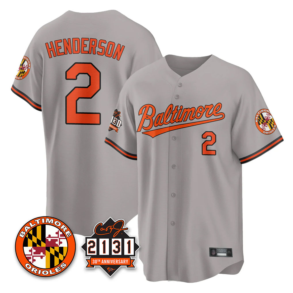 Baltimore Orioles #2 Gunnar Henderson Player Gray BFRAILEY 30th Anniversary of 2131 Home Game Stitched Jerseys