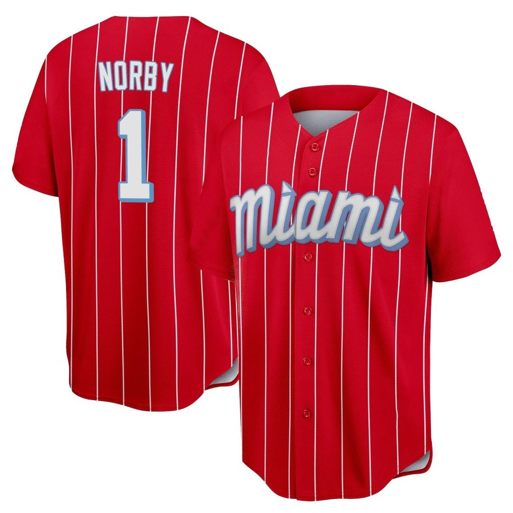 Miami Marlins #1 Connor Norby Player Red BFRAILEY City Connect Home Game Stitched Jerseys