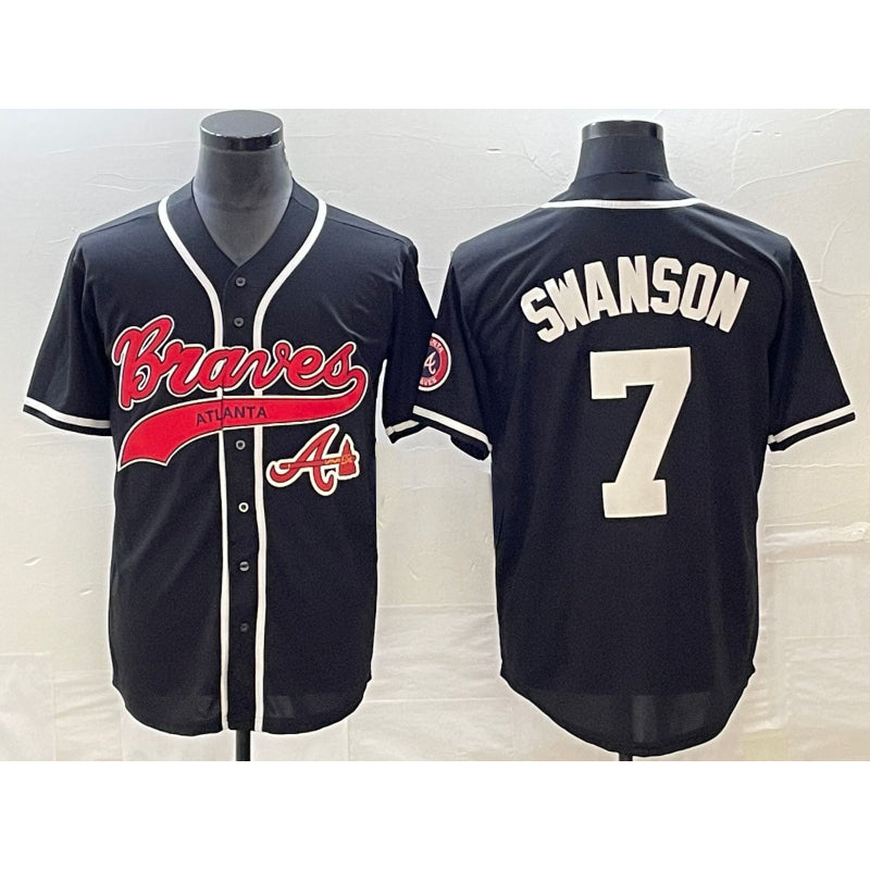 Atlanta Braves #7 Dansby Swanson Black BFRAILEY Cool Base Stitched Jersey 2