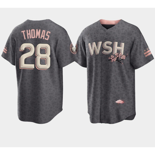 Washington Nationals #28 Lane Thomas 2022 Grey BFRAILEY City Connect Cherry Blossom Cool Base Stitched Jersey