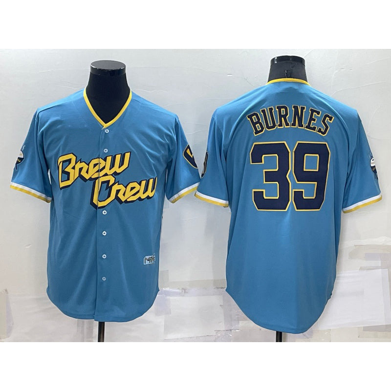 Milwaukee Brewers #39 Corbin Burnes Blue BFRAILEY 2022 City Connect Cool Base Stitched Jersey