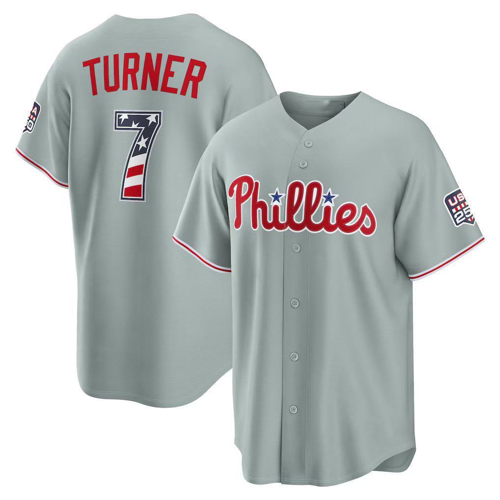 Philadelphia Phillies #7 Trea Turner USA 250 Fourth of July Road Stadium Jersey - Gray BFRAILEY