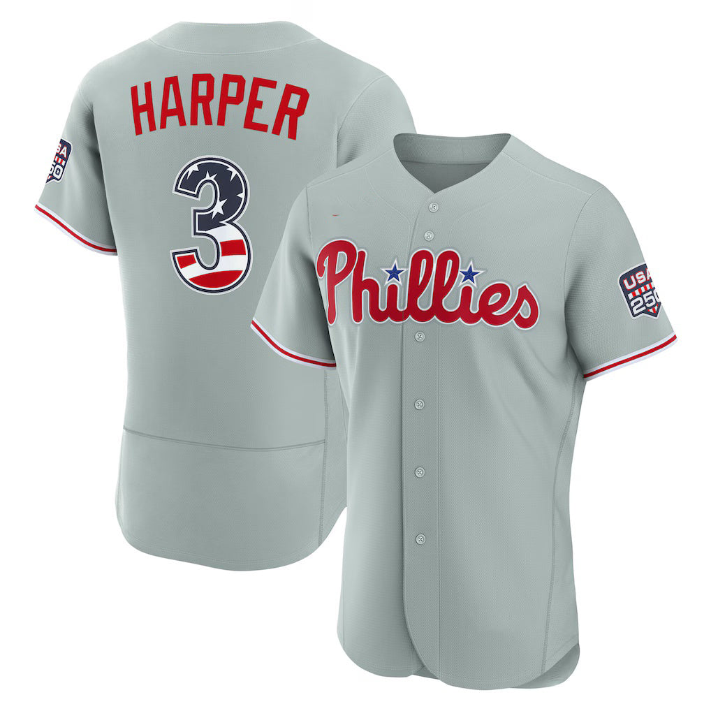 Philadelphia Phillies #3 Bryce Harper USA 250 Fourth of July Road Authentic Jersey - Gray BFRAILEY