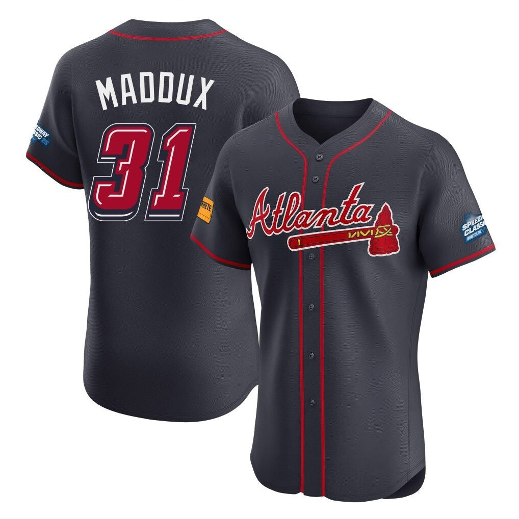 Atlanta Braves #31 Greg Maddux Player Navy BFRAILEY 2025 Speedway Classic Limited Elite Home Game Stitched Jerseys