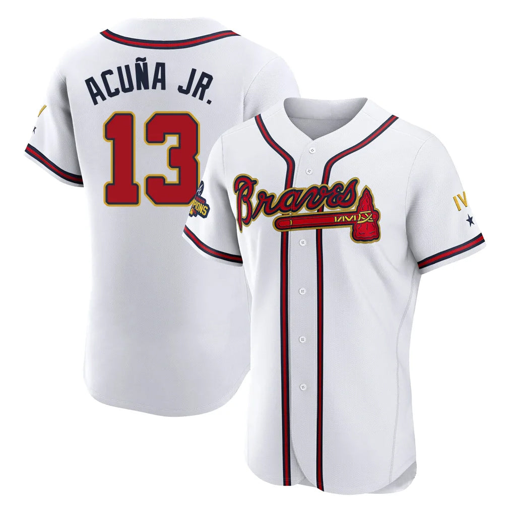 Atlanta Braves #13 Ronald Acuna Jr Player White Gold BFRAILEY Limited Elite Home Game Stitched Jerseys