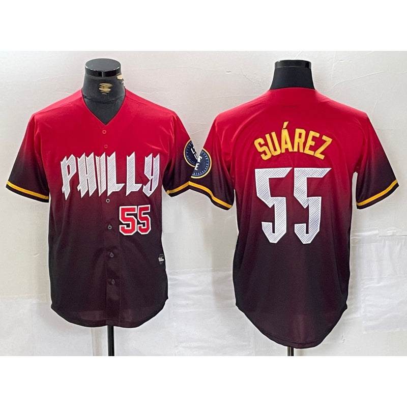 Philadelphia Phillies #55 Ranger Suarez Red BFRAILEY 2024 City Player Number Cool Base Jerseys