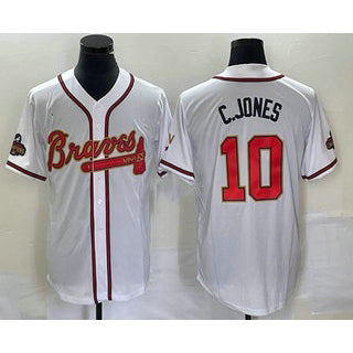 Atlanta Braves #10 Chipper Jones 2022 White Gold BFRAILEY World Series Champions Program Cool Base Stitched Jersey