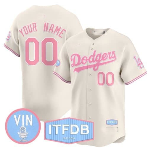 Custom Los Angeles Dodgers Vin ITFDB Patch Bubblegum Pink Vapor Premier Limited Jersey ¨C Cream BFRAILEY