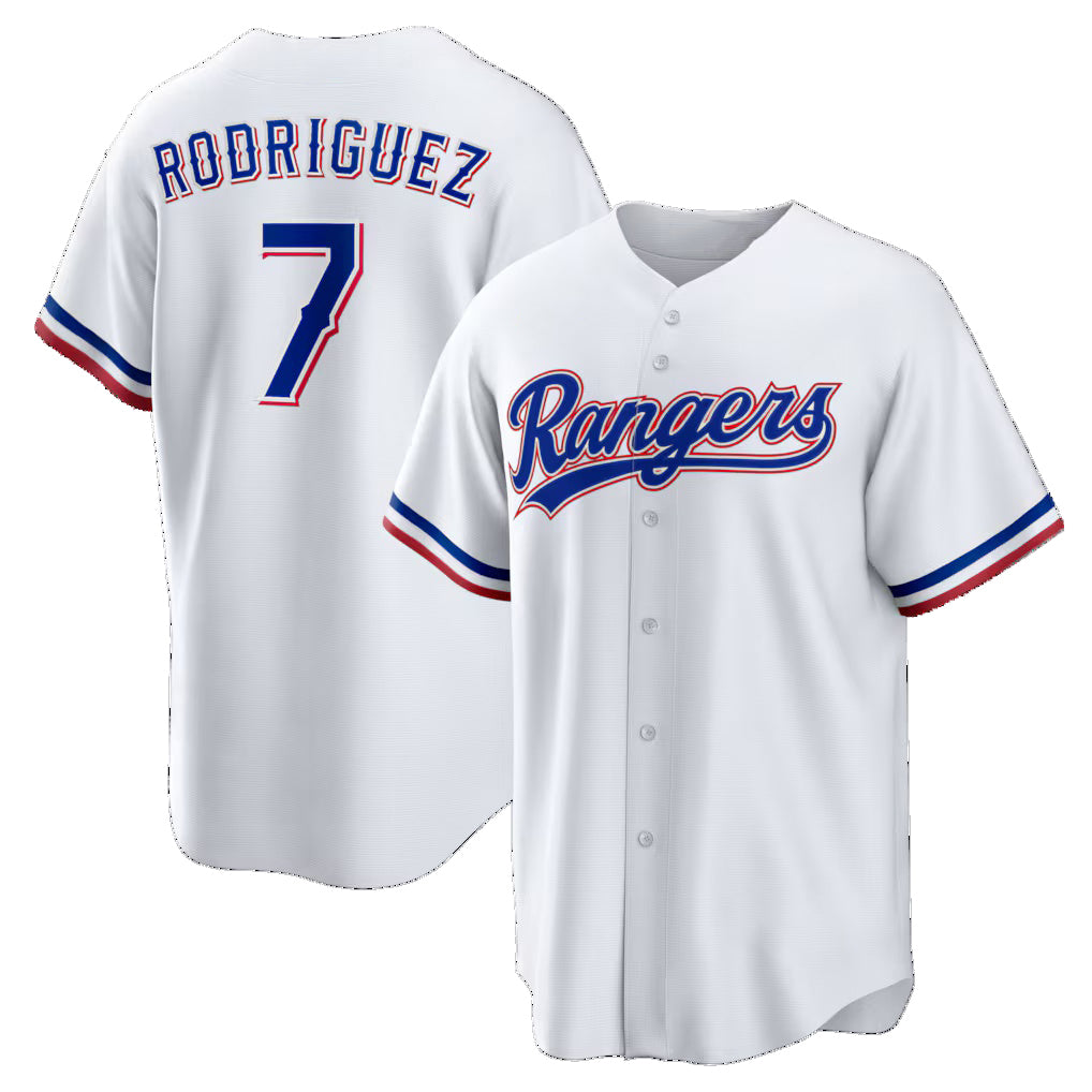 Texas Rangers #7 Ivan Rodriguez White BFRAILEY Home Retired Player Replica Jersey