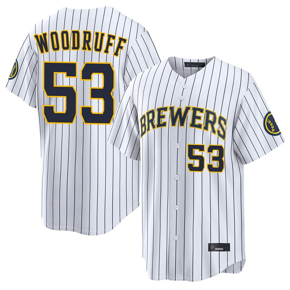 Milwaukee Brewers #53 Brandon Woodruff Player White BFRAILEY Stripes Home Limited Game Stitched Jerseys