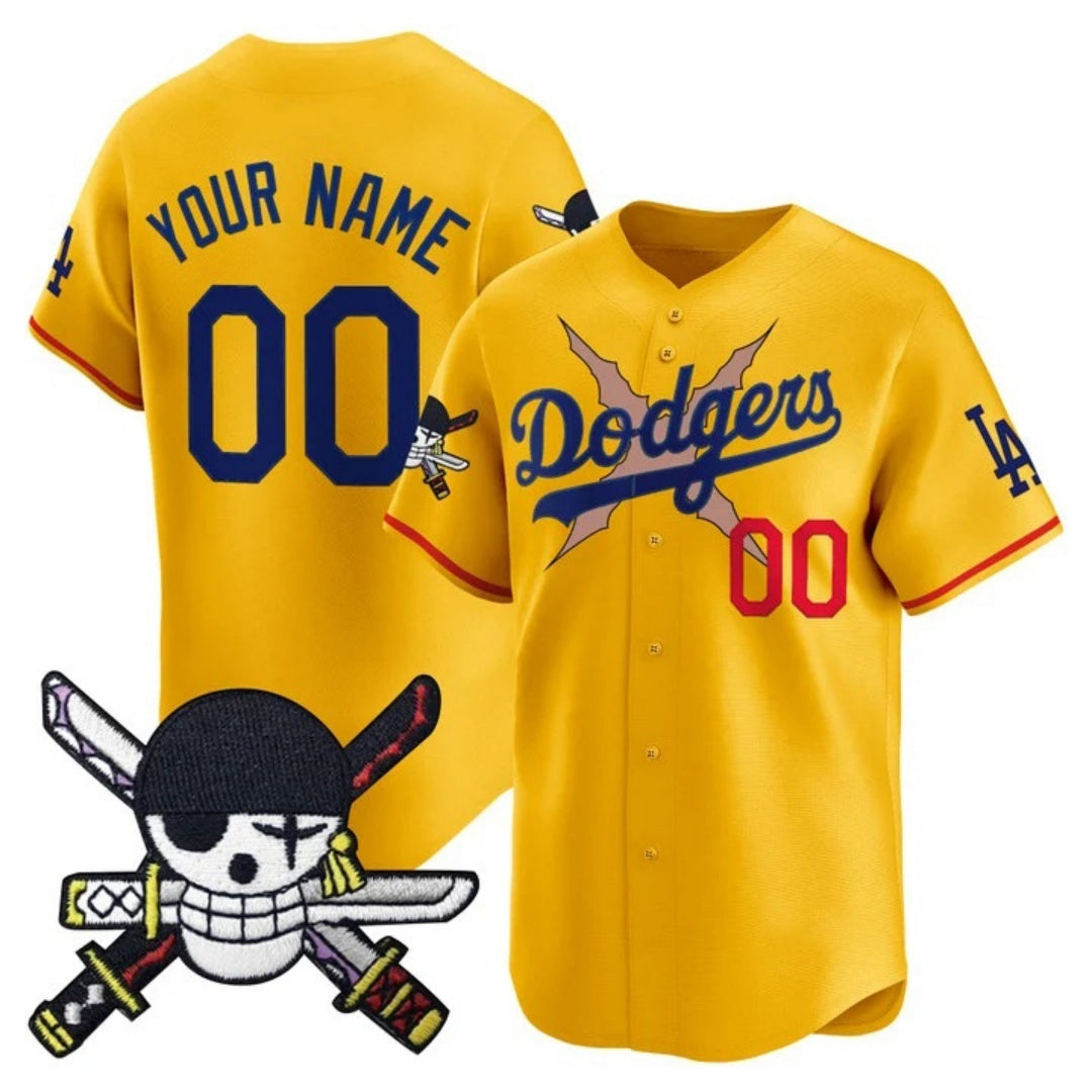 Custom Los Angeles Dodgers x One Piece Gold BFRAILEY Zoro Patch Vapor Premier Limited Jersey - Stitched