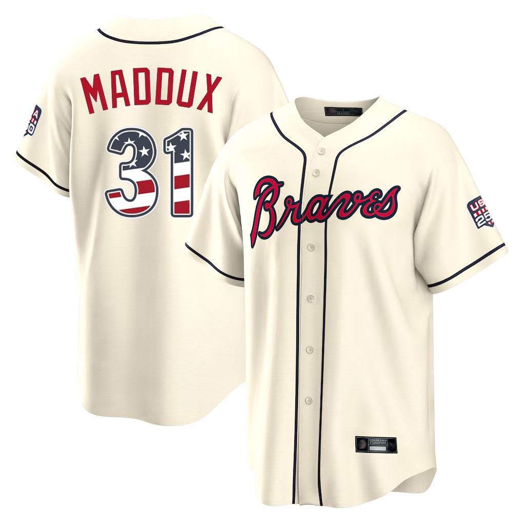 Atlanta Braves #31 Greg Maddux Player Cream BFRAILEY USA 250 Fourth Of July Limited Home Game Stitched Jerseys