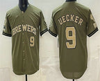 Milwaukee Brewers #9 Bob Uecker Olive BFRAILEY 2026 Armed Forces Day Jersey