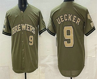 Milwaukee Brewers #9 Bob Uecker Olive BFRAILEY 2026 Armed Forces Day Jersey