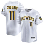 Milwaukee Brewers #11 Jackson Chourio Player White BFRAILEY Stripes Home Limited Game Stitched Jerseys