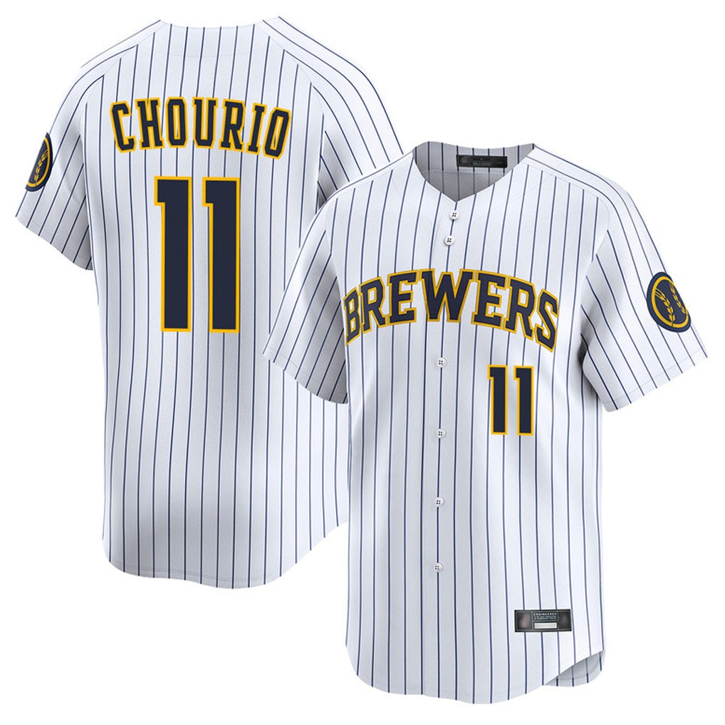 Milwaukee Brewers #11 Jackson Chourio Player White BFRAILEY Stripes Home Limited Game Stitched Jerseys