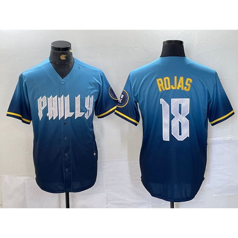 Philadelphia Phillies #18 Johan Rojas Blue BFRAILEY 2024 City Connect Limited Stitched Jersey