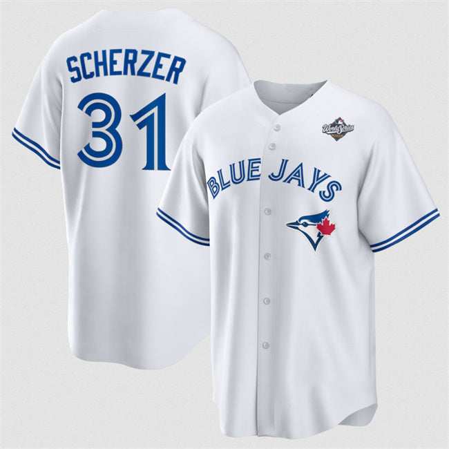 Toronto Blue Jays #31 Max Scherzer White BFRAILEY 2025 World Series Home Cool Base Stitched Jersey