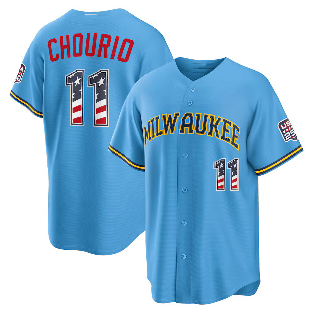 Milwaukee Brewers #11 Jackson Chourio USA 250 Fourth of July Road Stadium Jersey - Light Blue BFRAILEY