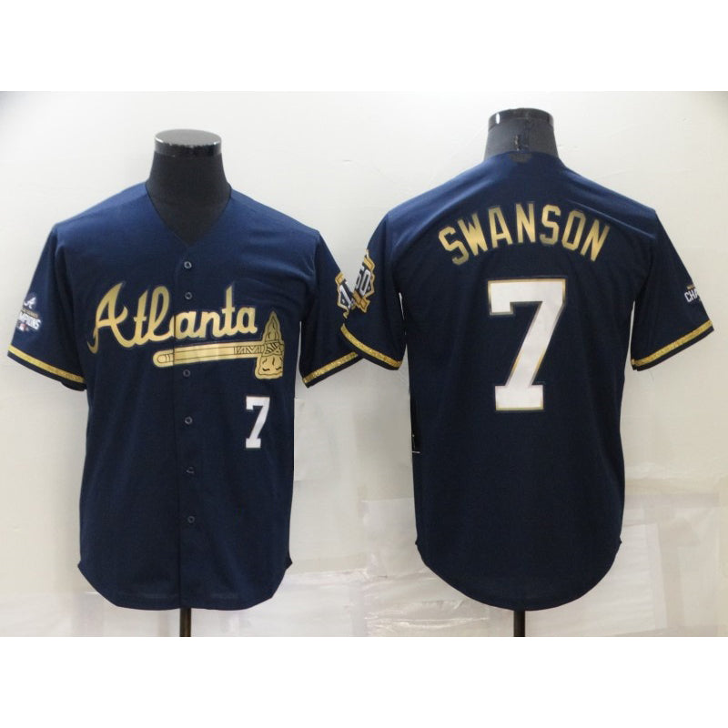 Atlanta Braves #7 Dansby Swanson Navy Blue BFRAILEY 2021 World Series Champions Golden Edition Stitched Cool Base Jersey