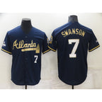 Atlanta Braves #7 Dansby Swanson Navy Blue BFRAILEY 2021 World Series Champions Golden Edition Stitched Cool Base Jersey