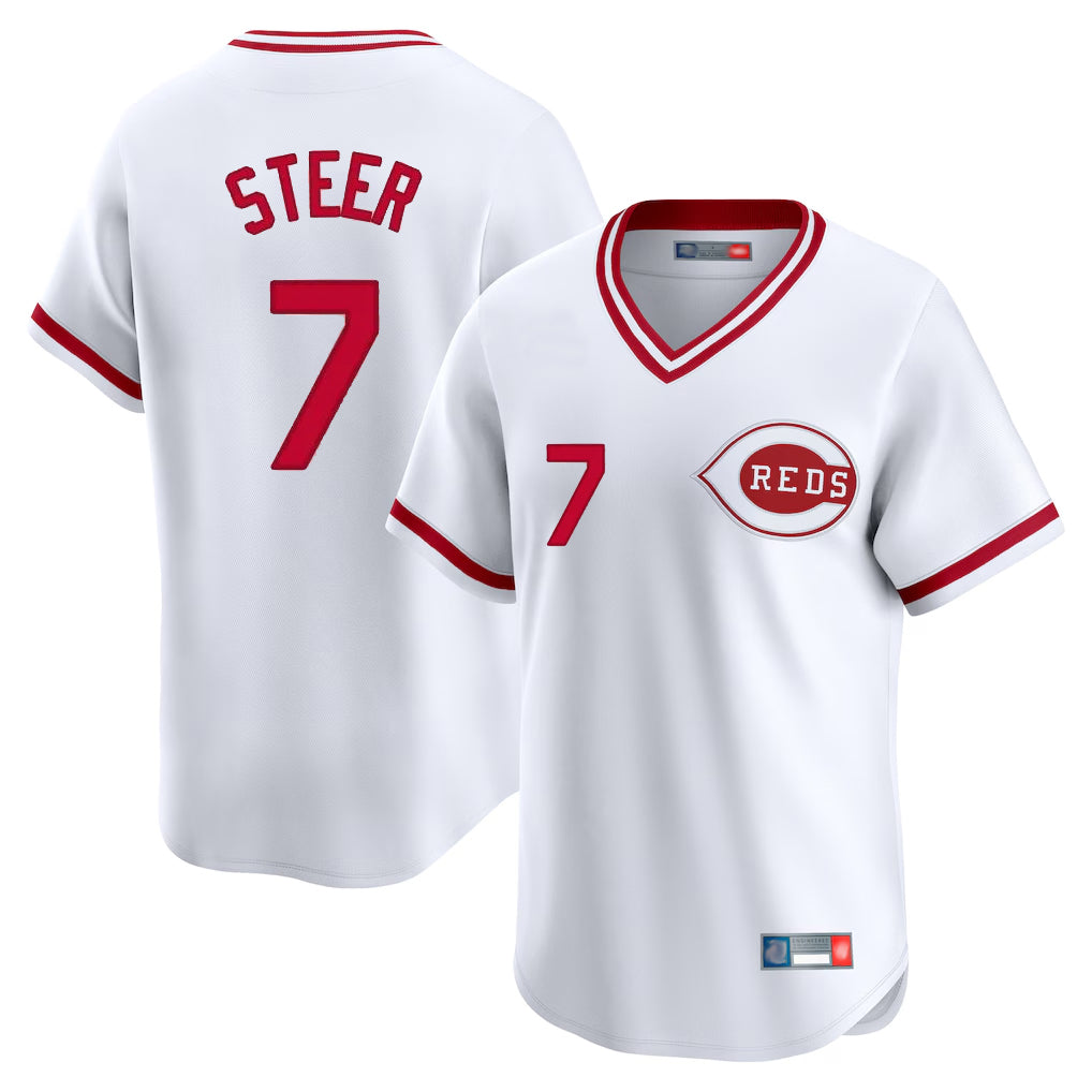 Cincinnati Reds #7 Spencer Steer Player White BFRAILEY Cooperstown Collection Limited T-shirt Home Stitched Jerseys