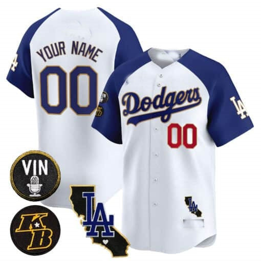 Custom Los Angeles Dodgers Vin Patch & Kobe Bryant Gold Trim Vapor Premier Limited Jersey V2 ¨C White 2 BFRAILEY