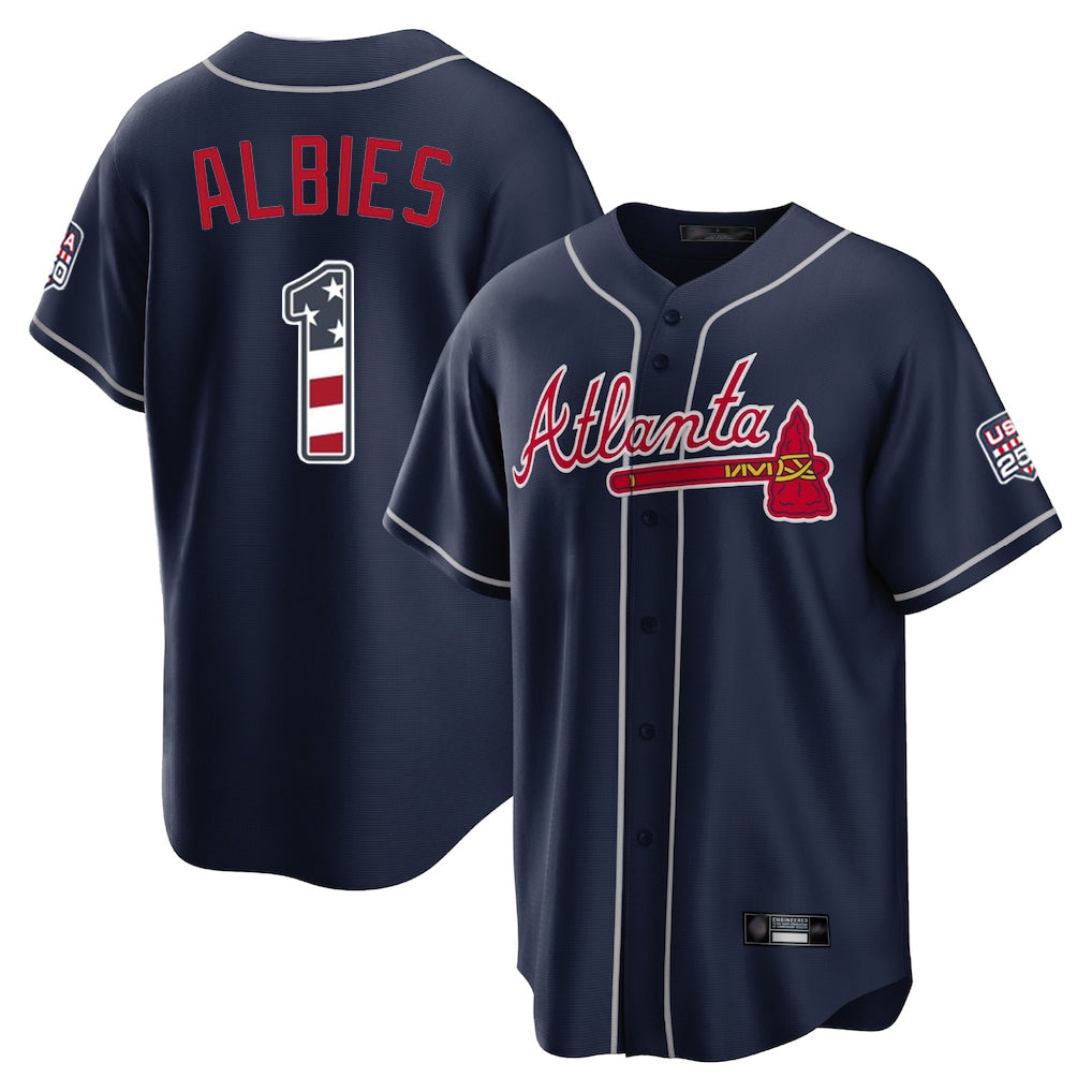 Atlanta Braves #1 Ozzie Albies Player Navy BFRAILEY USA 250 Fourth Of July Limited Home Game Stitched Jerseys