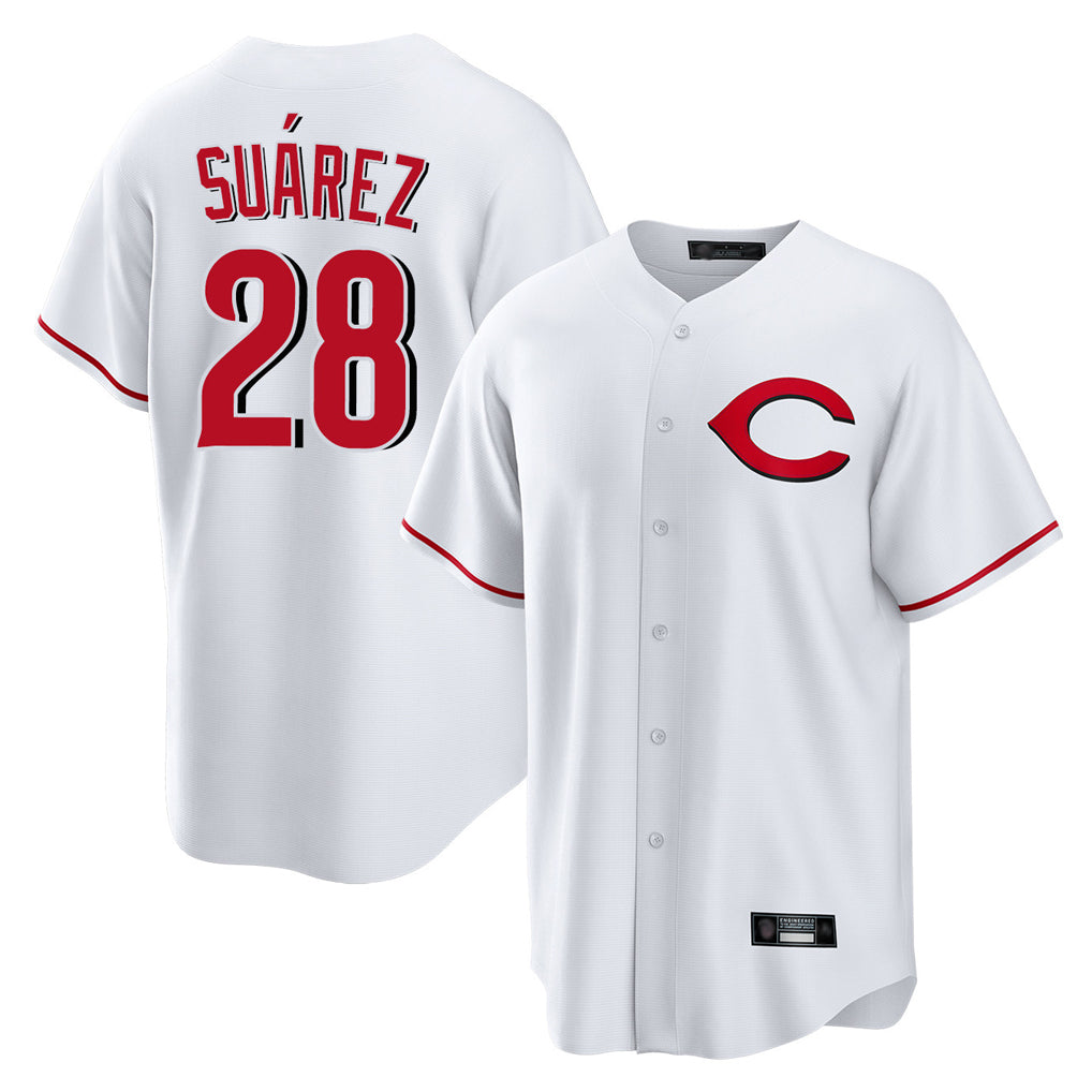 Cincinnati Reds #28 Eugenio Su¨¢rez Player White BFRAILEY Home Game Stitched Jerseys