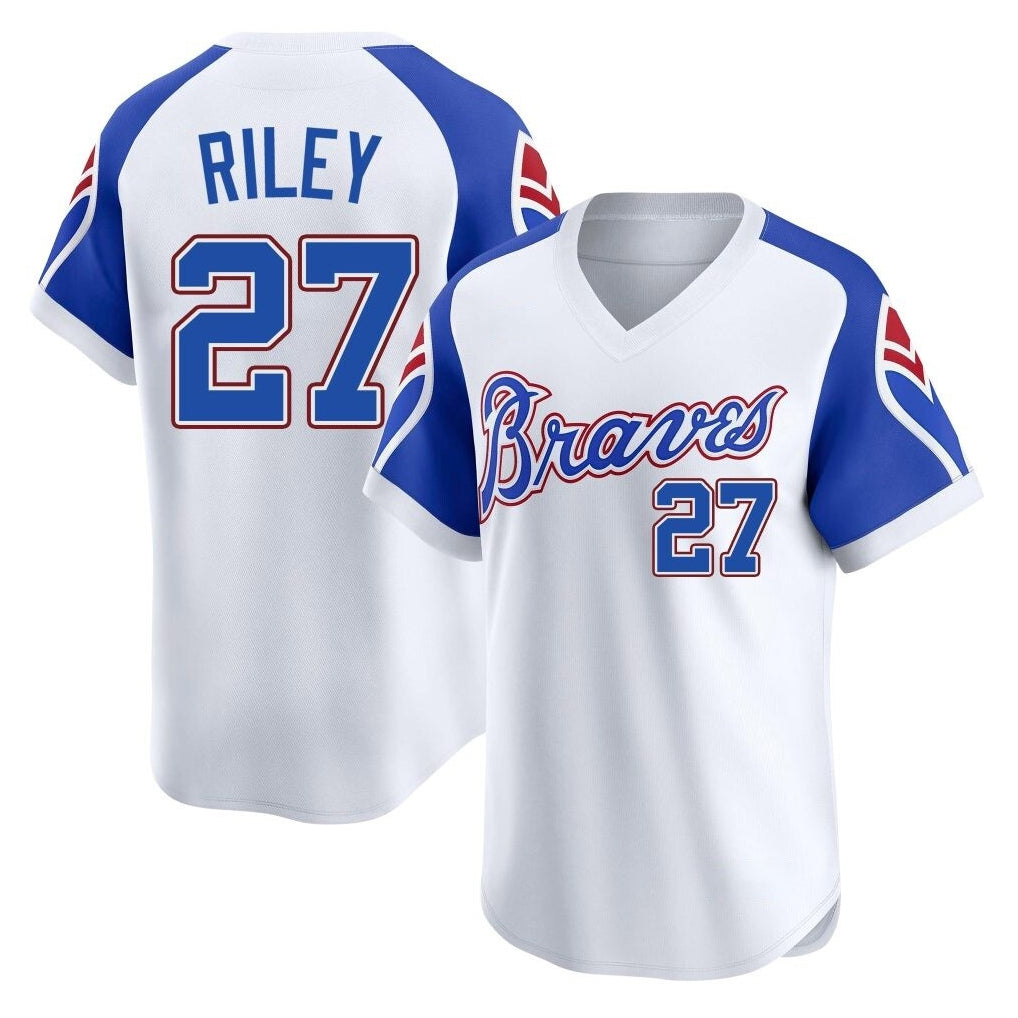 Atlanta Braves #27 Austin Riley Player White BFRAILEY Throwback Cooperstown Collection T-shirt Game Stitched Jerseys